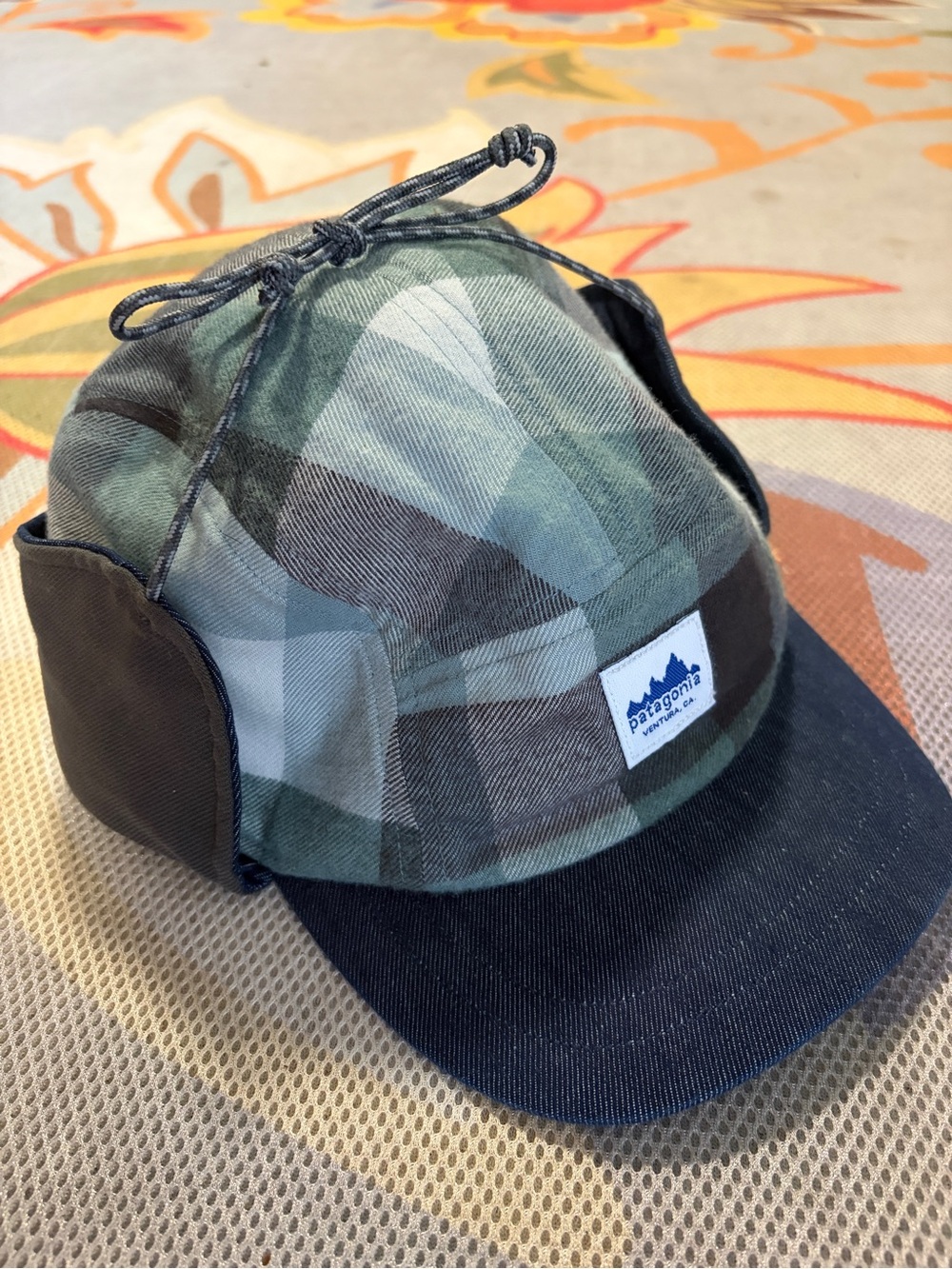 Patagonia Range Earflap Cap plaid/denim trappers outdoor adventure hat size L